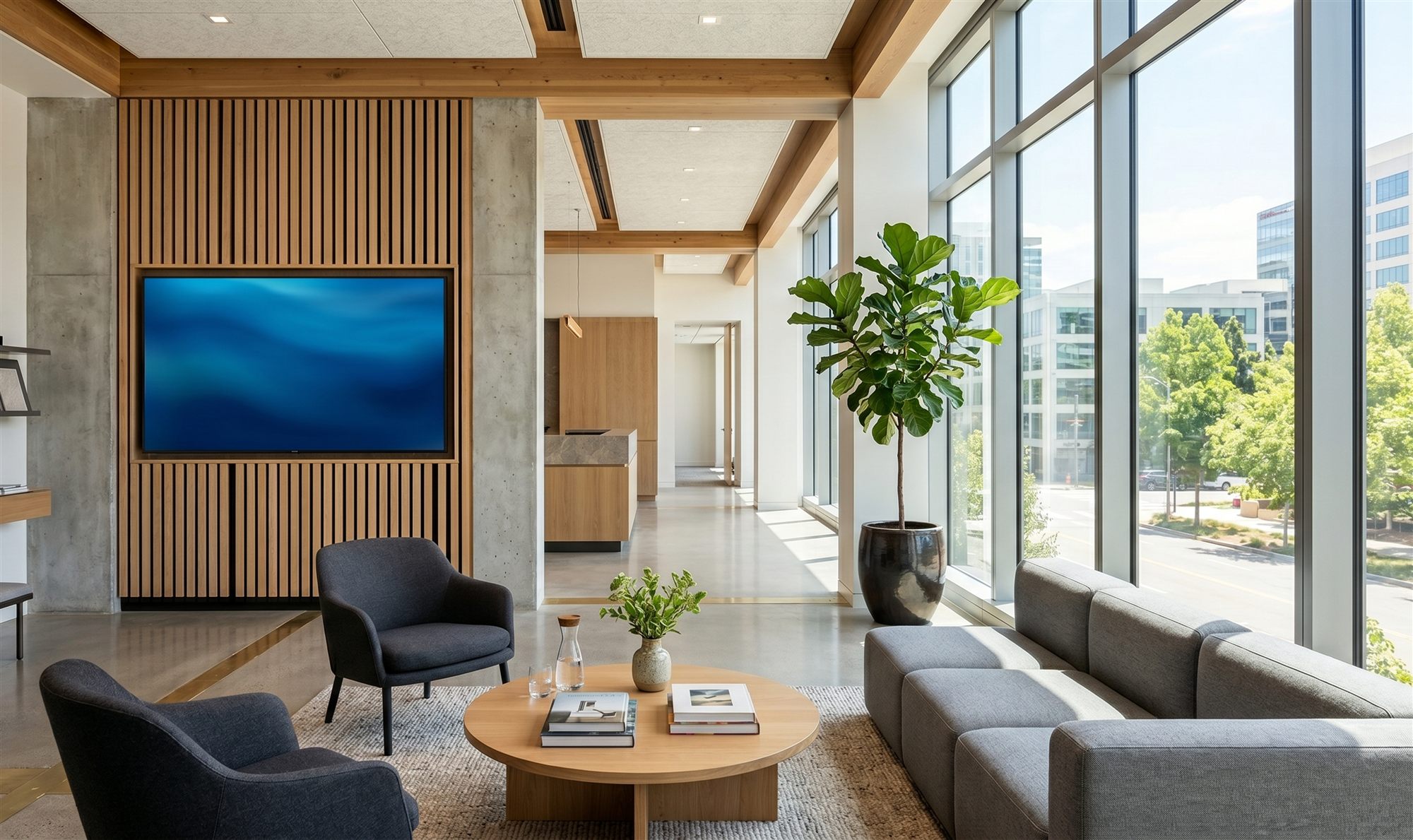 Waiting room with a wall-mounted TV display and seating