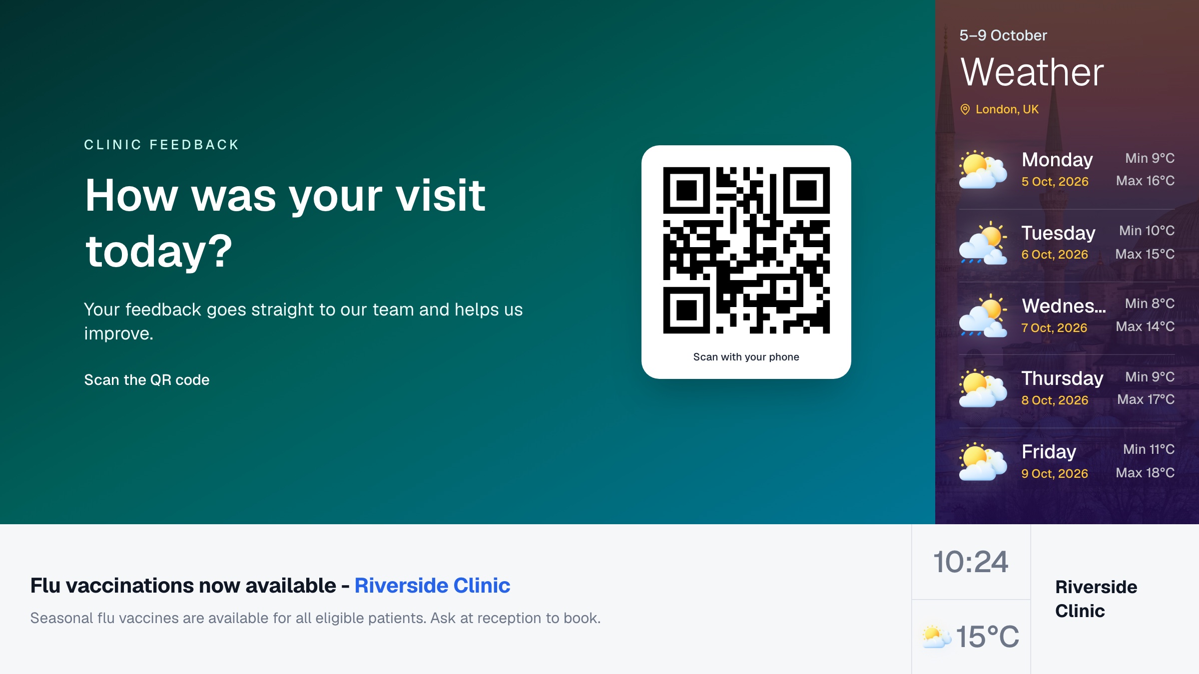 A Quick Feedback slide asking “How was your visit today?” with a QR code patients can scan.
